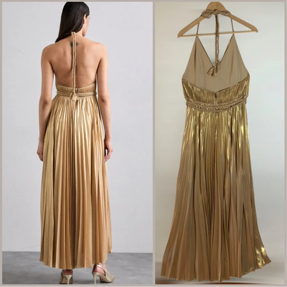 Alice + Olivia Tresa Pleated Gold Maxi Dress Size 12 New with Tags - Picture 9 of 10